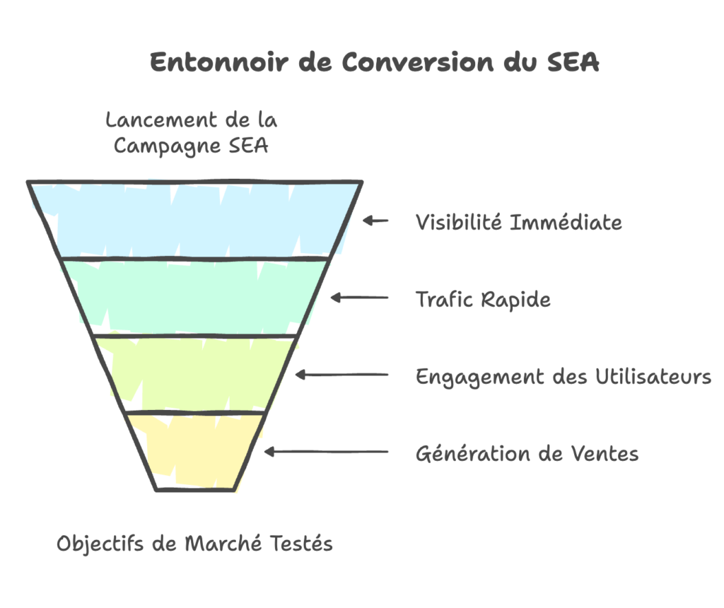 Entonnoir de conversion SEA montrant les étapes : lancement de la campagne, visibilité immédiate, trafic rapide, engagement, génération de ventes.