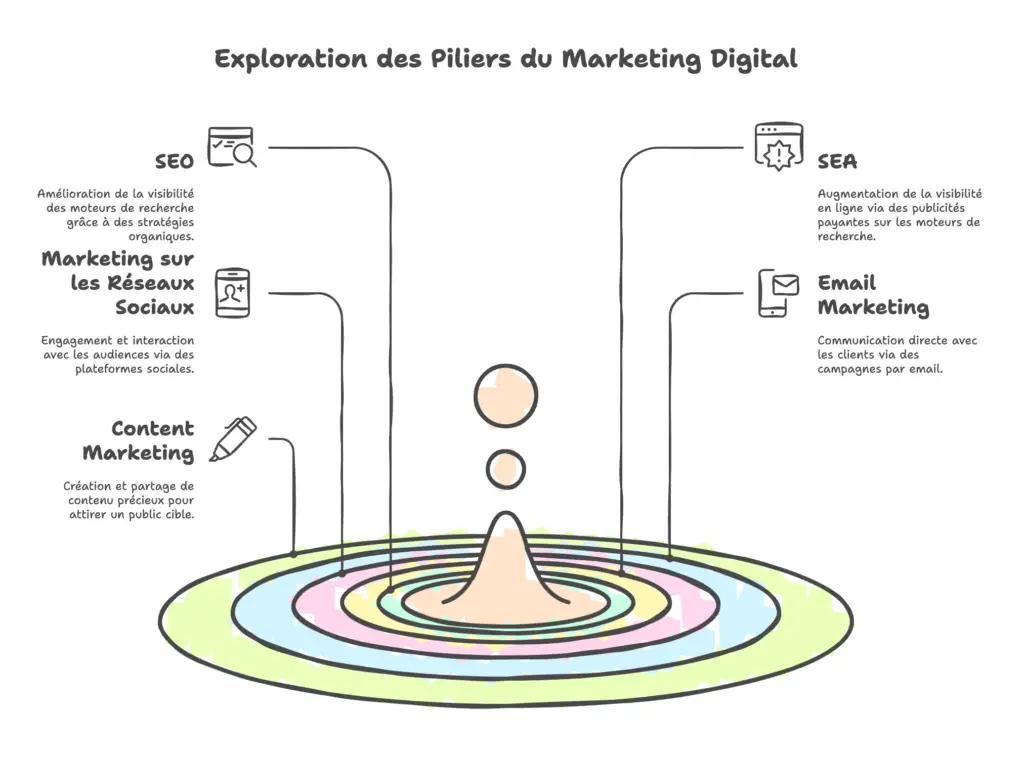 Schéma détaillant les piliers du marketing digital, avec SEO, SEA, réseaux sociaux, email marketing et content marketing autour d’un concept central.