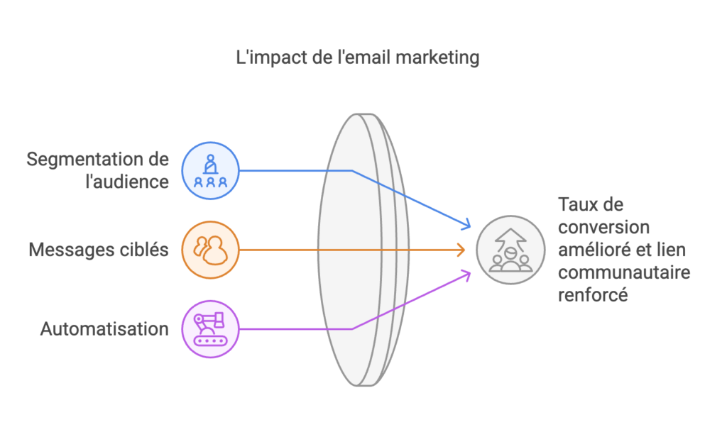 Visuel illustrant l’impact de l’email marketing : segmentation de l’audience, messages ciblés, automatisation, et amélioration du taux de conversion.