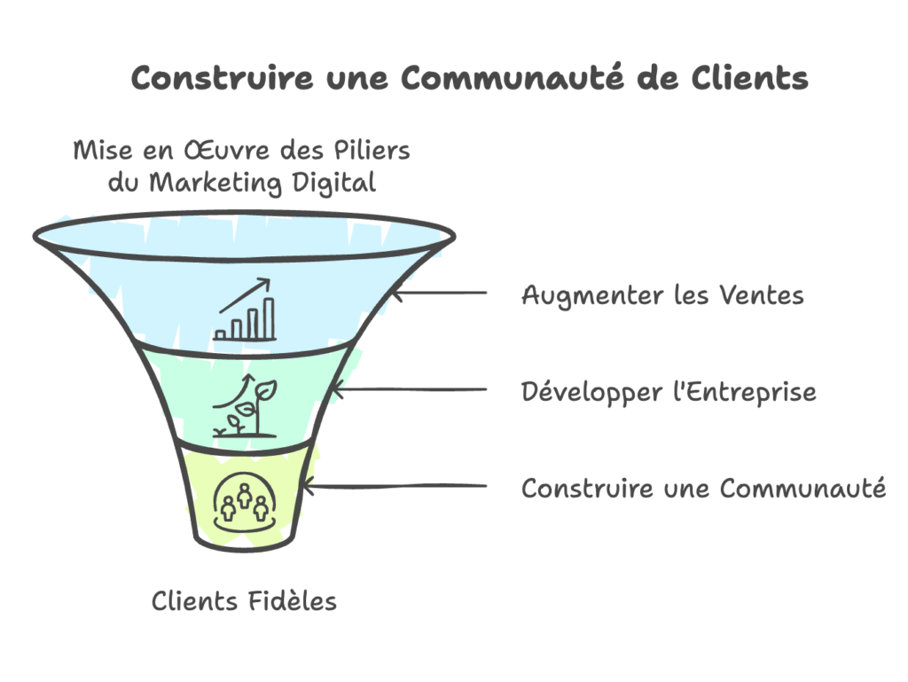 Entonnoir montrant comment la mise en œuvre des piliers du marketing digital permet de créer une communauté de clients fidèles : augmenter les ventes, développer l’entreprise et fédérer.