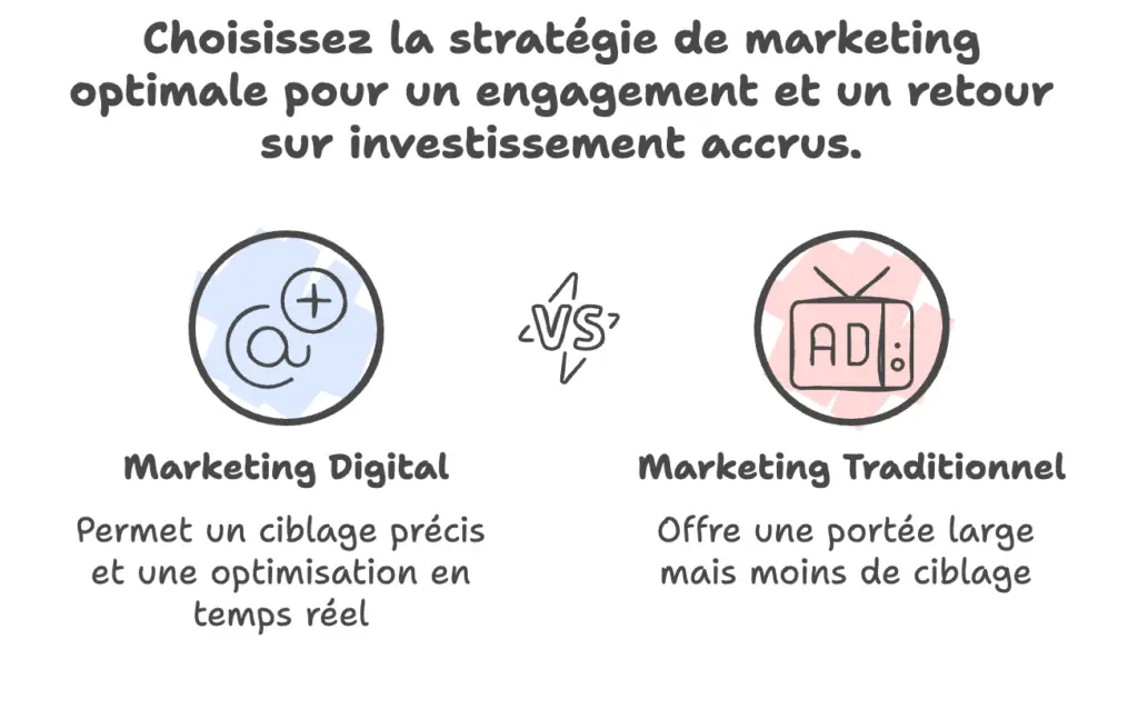 Comparaison entre marketing digital et marketing traditionnel, mettant en avant le ciblage précis et l’optimisation en temps réel d’un côté, et la portée large mais moins ciblée de l’autre.