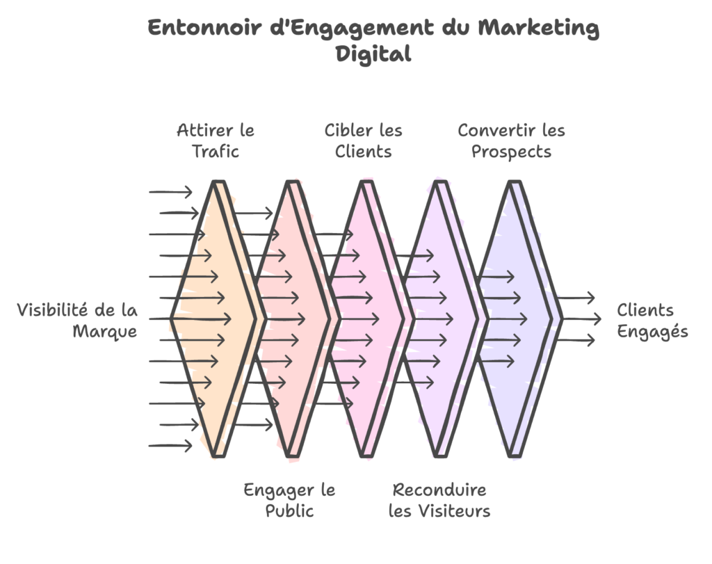 Entonnoir d’engagement en marketing digital, allant de l’attraction du trafic jusqu’à la conversion en clients fidèles.