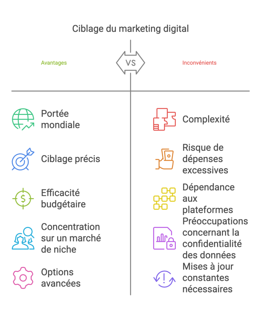 Comparaison des avantages et inconvénients du ciblage en marketing digital, mettant en évidence la portée mondiale, la précision et l’efficacité budgétaire versus la complexité et les risques de dépenses excessives.