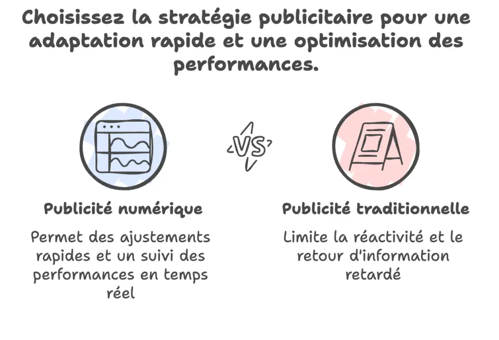 Comparaison entre la publicité numérique, qui permet un suivi en temps réel et des ajustements rapides, et la publicité traditionnelle, plus limitée en réactivité.