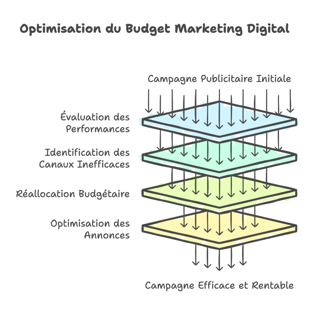 Schéma illustrant les étapes pour optimiser le budget marketing digital : lancement de la campagne, identification des canaux, réalimentation budgétaire, évaluation des performances.
