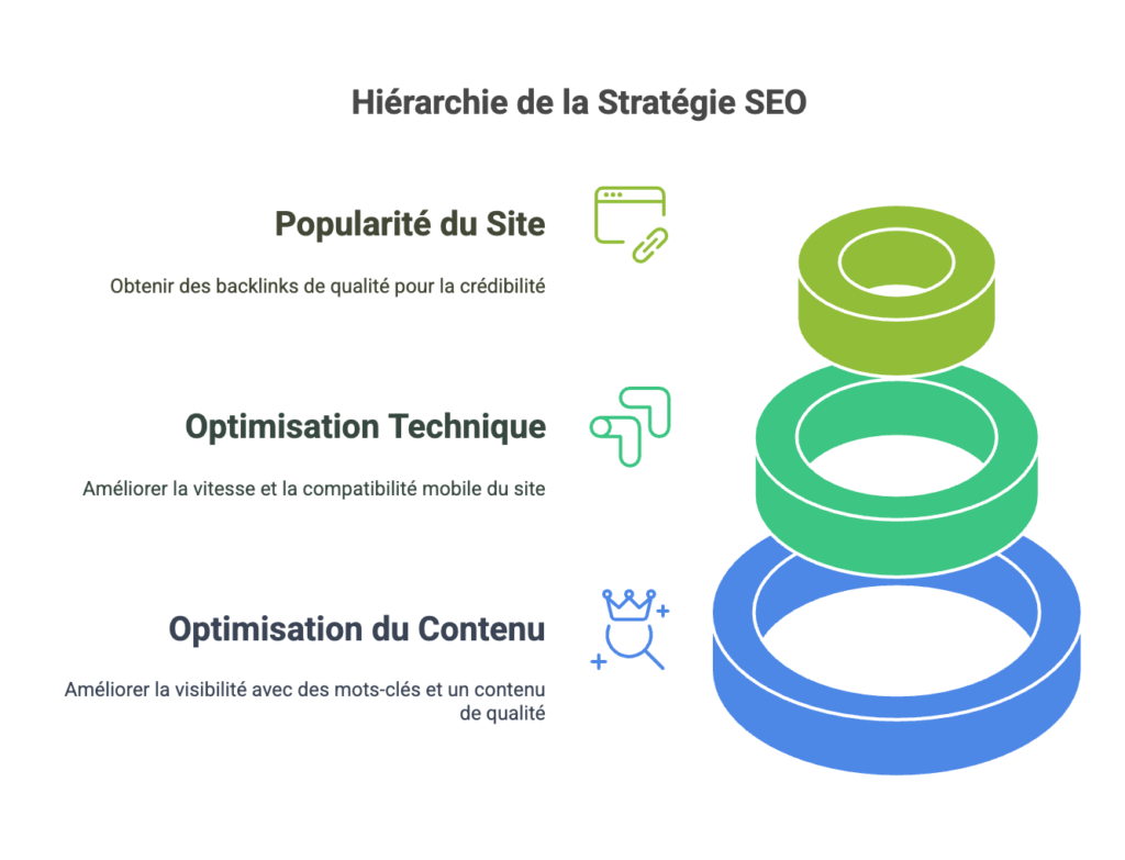 Structure en trois niveaux de la stratégie SEO : popularité du site, optimisation technique, optimisation du contenu.